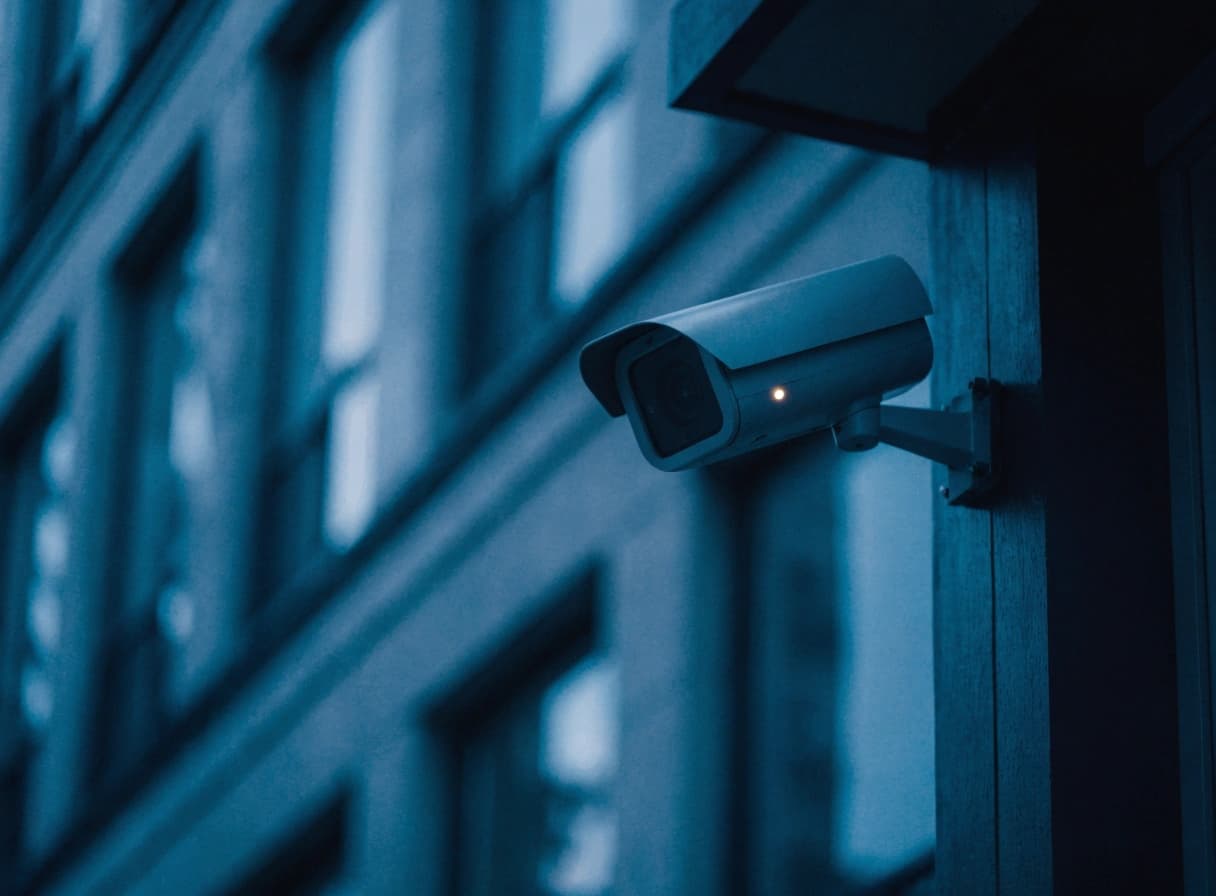 Security camera on an upscale apartment building at dusk — a sealed field record